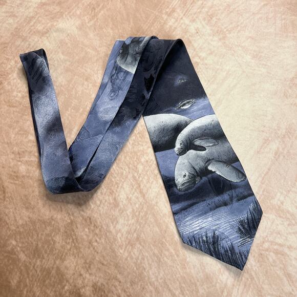 Vintage 90s Endangered Species Manatee Silk Neck Tie Animal Print Teacher Safari - Picture 4 of 8